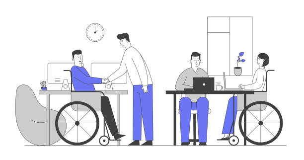 Handicapped People Working in Office. Disabled Man Shaking Hand with Colleague at Workplace. Business Woman Sitting in Wheelchair Work at Laptop with Partner Cartoon Flat Vector Illustration, Line Art Handicapped People Working in Office. Disabled Man Shaking Hand with Colleague at Workplace. Business Woman Sitting in Wheelchair Work at Laptop with Partner Cartoon Flat Vector Illustration, Line Art disabled adult stock illustrations