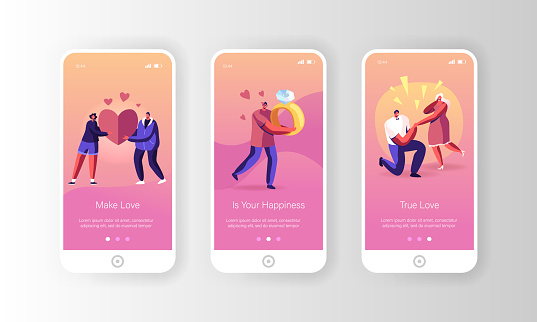Romantic Relations and Proposal Mobile App Page Onboard Screen Set. Man Presenting Engagement Ring Asking Woman to Merry Stand on Knee Concept for Website or Web Page, Cartoon Flat Vector Illustration