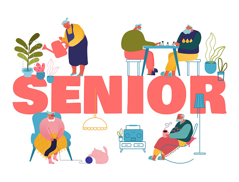 Old People Hobby and Leisure Fun Concept. Male and Female Seniors Spending Time in Nursing Home Listening Music, Playing Chess, Knitting Poster Banner Flyer Brochure. Cartoon Flat Vector Illustration