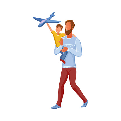 Bearded father holds his son on arms. The boy plays with airplane toy. Vector illustration in flat cartoon style.