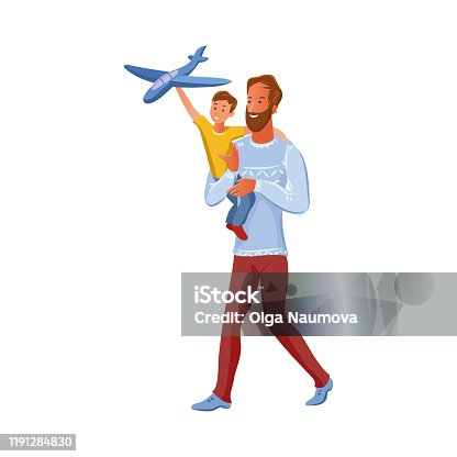 istock Bearded father holds his son on arms. The boy plays with airplane toy. Vector illustration in flat cartoon style. 1191284830