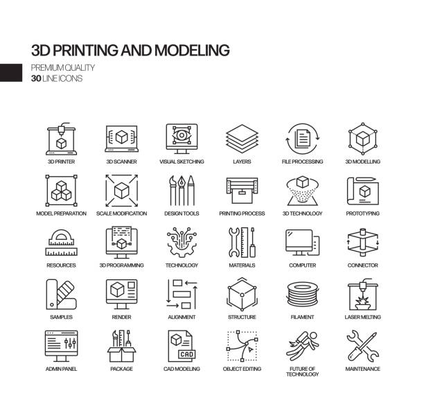 простой набор значков линии вектора технологии 3d-печати. коллекция символов очертить - digital composite stock illustrations