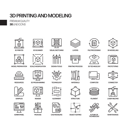 Simple Set of 3D Printing Technology Related Vector Line Icons. Outline Symbol Collection