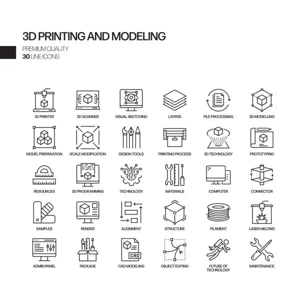 Vector illustration of Simple Set of 3D Printing Technology Related Vector Line Icons. Outline Symbol Collection