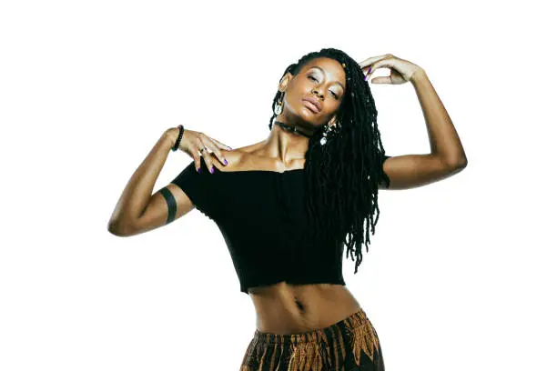 African American woman with dreadlocks looking at the camera