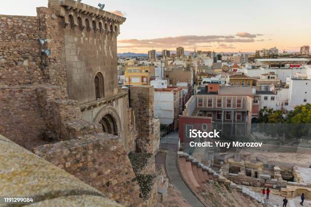 Aerial Panoramic View Of Port City Cartagena In Spain With Famous Roman Amphitheater Beautiful Sunset Over The Mountains Wide Angle Lens Panorama Stock Photo - Download Image Now