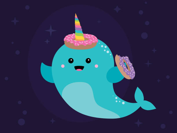 Narwhal with Donuts A cute vector illustration of a narwhal with donuts cartoon unicornfish stock illustrations