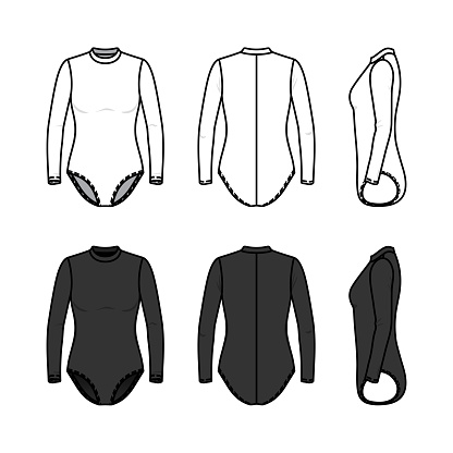 Front, back, and side views of blank templates clothing set. Woman surf suit or gymnastics long-sleeved leotard in white and black colors. Vector illustration. Flat technical fashion drawings.