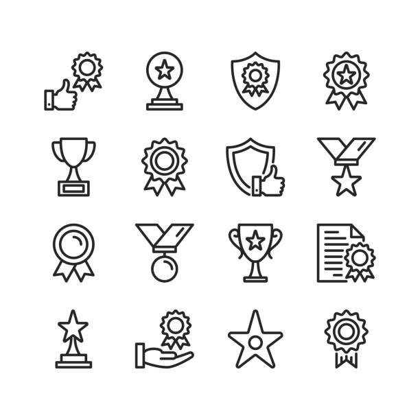 Awards line icons. Modern stroke, linear elements. Outline symbols collection. Premium quality. Pixel perfect. Vector thin line icons set Awards line icons. Modern stroke, linear elements. Outline symbols collection. Premium quality. Pixel perfect. Vector thin line icons set gold metal symbols stock illustrations