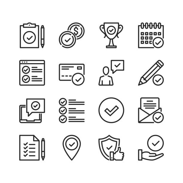 Approve line icons. Modern stroke, linear elements. Outline symbols collection. Premium quality. Pixel perfect. Vector thin line icons set Approve line icons. Modern stroke, linear elements. Outline symbols collection. Premium quality. Pixel perfect. Vector thin line icons set thin line illustration stock illustrations