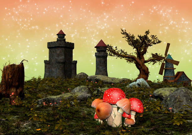 istock Meadow with a castle, mushrooms, a moulin on a pastel background. 1191314735
