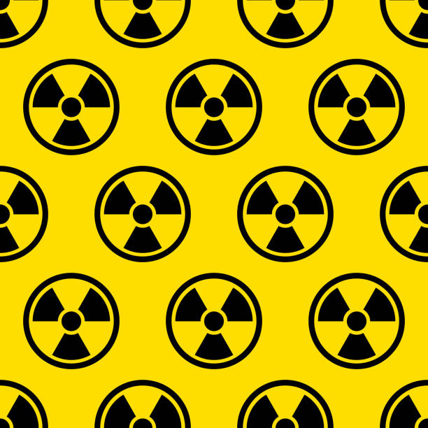 Vector illustration of radiation icons in a repeating pattern against a yellow background.
