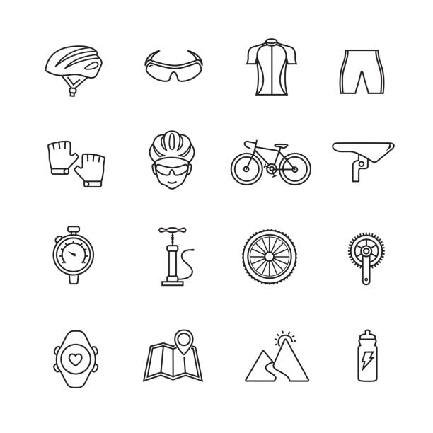 Bicycle riding icon set Bicycle riding thin line icon set, Set of 16 editable filled, Simple clearly defined shapes in one color. air pump stock illustrations