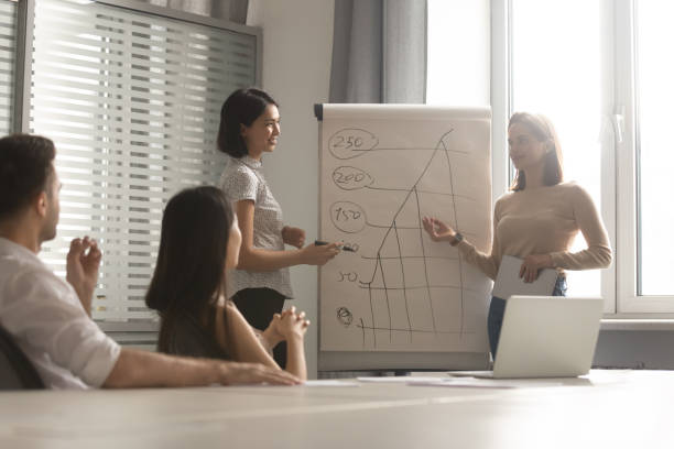 istock Smiling diverse coaches presenting business strategy on flip chart 1191319913