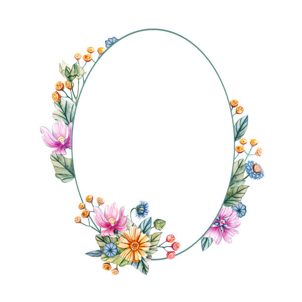 istock Floral oval frame of watercolor wildflowers. 1191321098