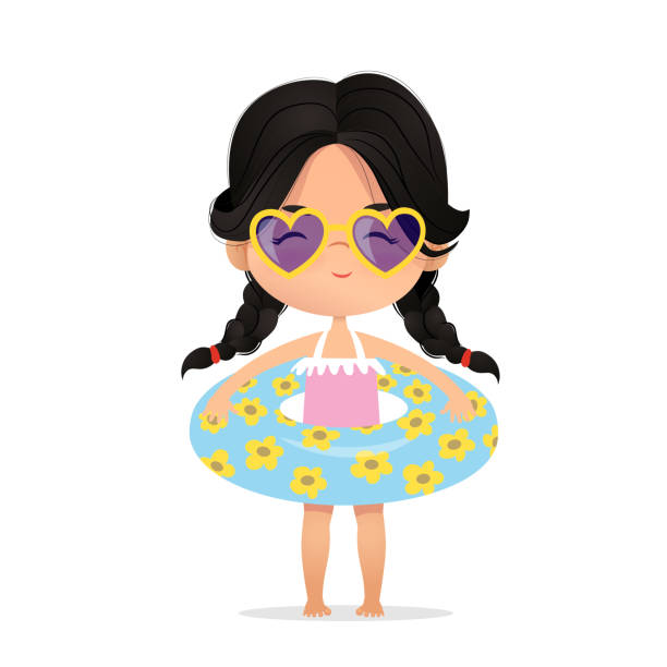 ilustraciones, imágenes clip art, dibujos animados e iconos de stock de chica del pelo oscuro llevando gafas de sol en círculo inflable. niño relájate en verano. fiesta en la piscina con anillo inflable. personaje de la chica de la playa aislado. ilustración vectorial de dibujos animados de vacation flat - swimwear child inner tube little girls