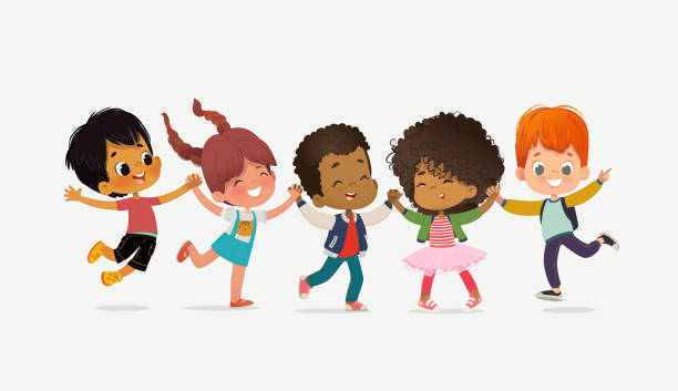 ilustraciones, imágenes clip art, dibujos animados e iconos de stock de niños y niñas multiculturales cogidos de la mano y saltando felizmente. los niños juegan fueras. coloridas flores y árboles en el fondo - saltar actividad física