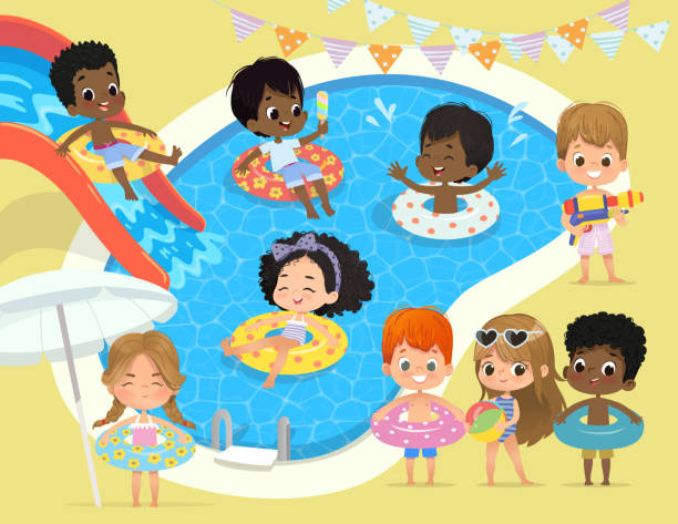 ilustrações, clipart, desenhos animados e ícones de festa na piscina crianças. crianças multirraciais se divertem na piscina. menina em férias engraçadas do verão do swimsuit. menino com uma arma de água de brinquedo. crianças que jogam na água - little boys cartoon child drawing