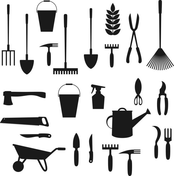 Garden tools. Shovel, rake, wheelbarrow, spade Garden tool and lawn care equipment black silhouettes of gardening and agriculture vector design. Shovel, rake and fork, plant, watering can and wheelbarrow, trowel, spade, scissors and pitchfork watering pail stock illustrations