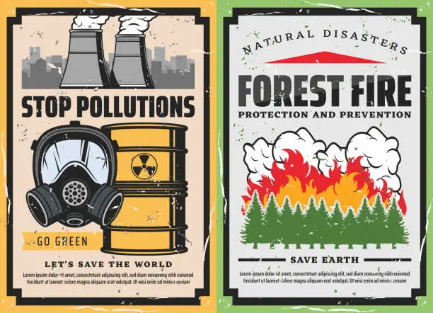 Vector illustration of Burning forest trees, toxic waste and gas mask