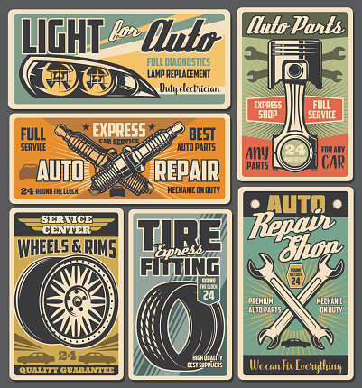 Car service and auto repair spare parts retro posters. Vector wheel, tire and rim, vehicle engine piston, wrench and spanner, spark plugs and automobile lights. Mechanic garage and workshop design
