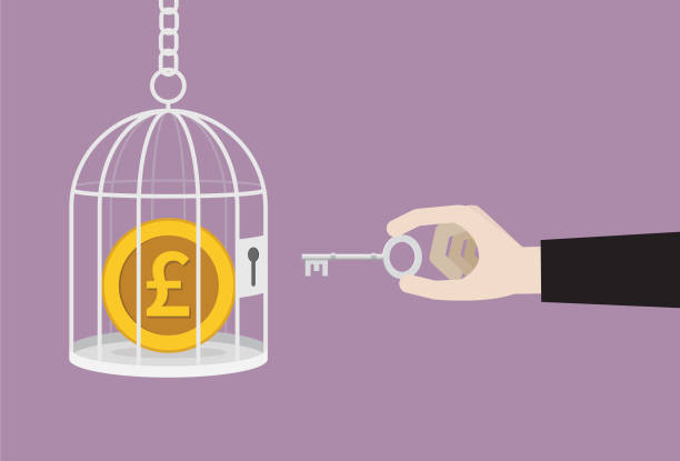 Businessman uses a key unlock UK pound coin from a cage Adult, Bank - Financial Building, Banking, Business, Business Finance and Industry, Currency, British currency british coins stock illustrations