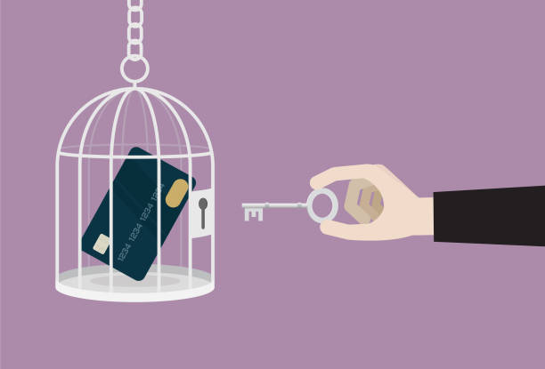 Businessman uses a key unlock a credit card from a cage Adult, Banking, Bankruptcy, Business, Get out of debt, Currency, Shopping debt ceiling stock illustrations