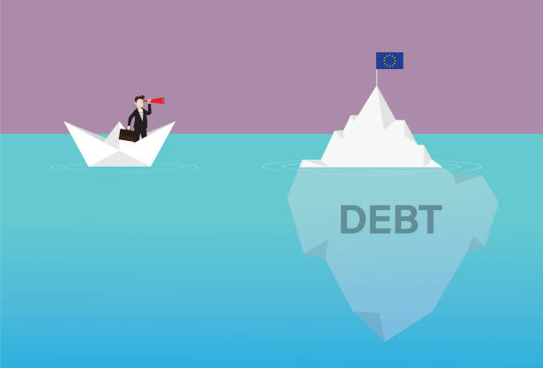 Businessman with a telescope on a paper boat looking EURO flag on the iceberg Government, Currency, Euro Flag, Crash, Iceberg, Debt, Europe, Crisis debt ceiling stock illustrations