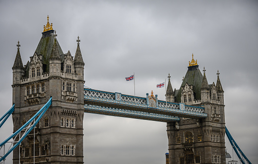 A view of Tower Bridge, over the Thames River in London, England.