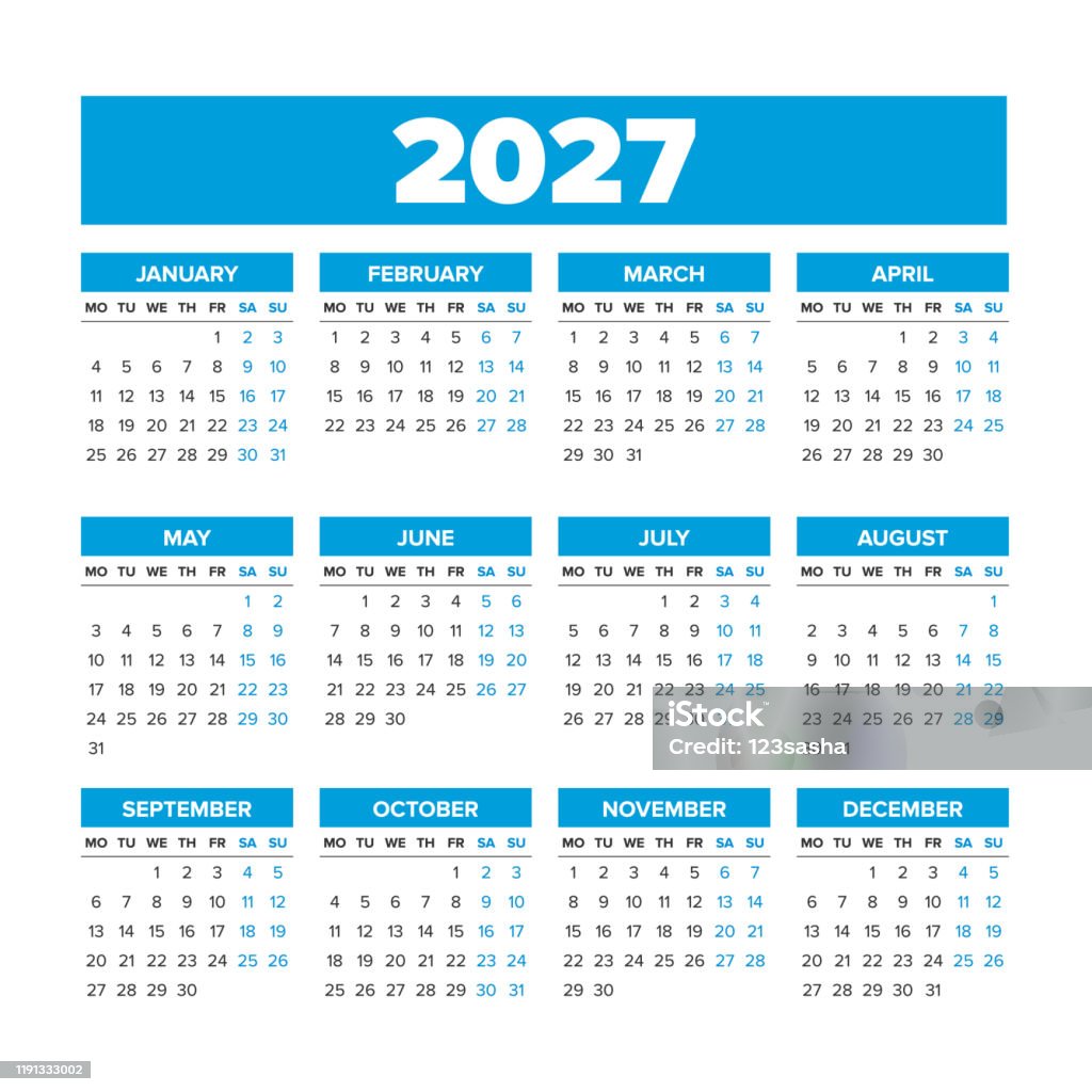 Ilustración de Calendario 2027 Con Semanas Comienza El Lunes y más Ilustración de Calendario 2027 Con Semanas Comienza El Lunes y más