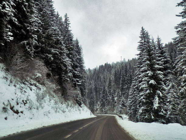 istock Driving through the snowy landscape in the mountains 1191340281