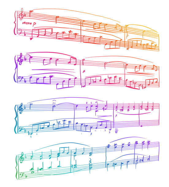 ilustraciones, imágenes clip art, dibujos animados e iconos de stock de partitura musical música clásica arco iris - musical staff music piano blue