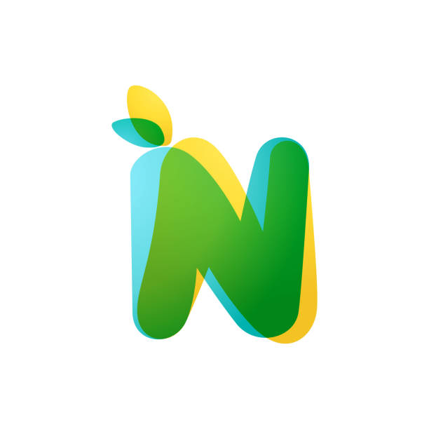 ilustrações, clipart, desenhos animados e ícones de n carta eco logo. fonte inclinatória sobreposta com folhas verdes. - letter n water text blue