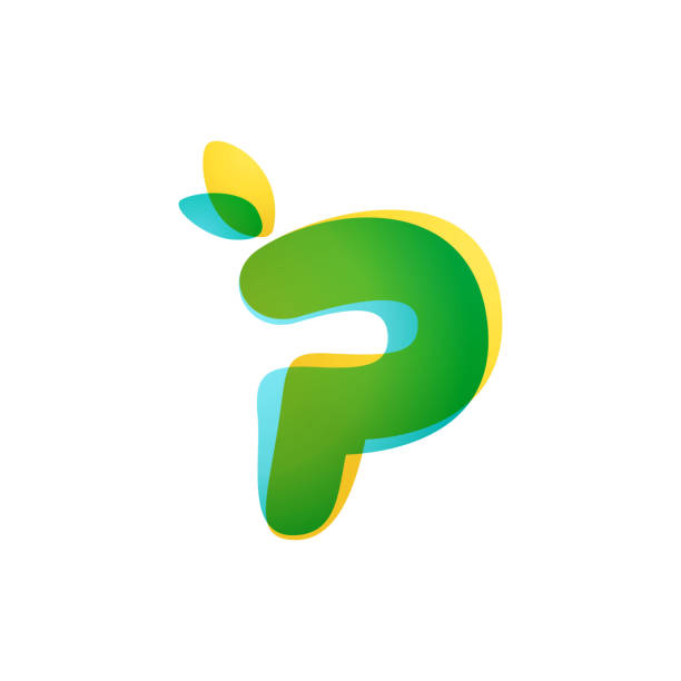 illustrazioni stock, clip art, cartoni animati e icone di tendenza di p lettera eco logo. carattere sfumatura sovrapposto con foglie verdi. - letter p water liquid text