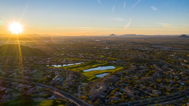 aerial sunset in the desert. - extreme terrain arizona desert mesa imagens e fotografias de stock