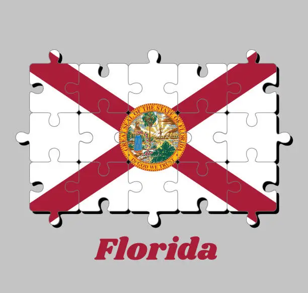 Vector illustration of Jigsaw puzzle of Florida flag, with the state seal superimposed on the center. The states of America, Concept of Fulfillment.