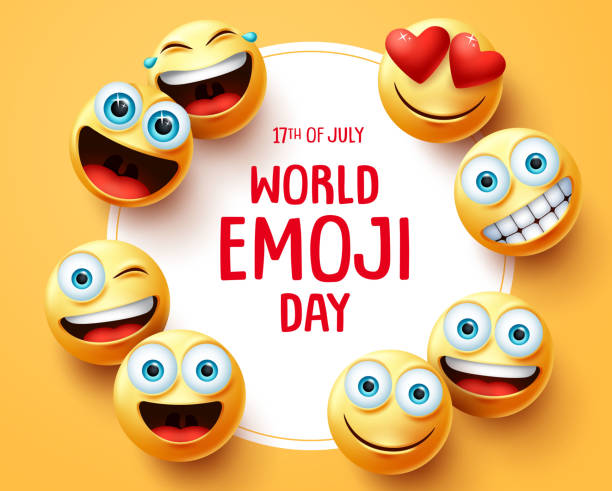 World emoji day vector background template. World emoji day text in circle white frame with cute smileys emojis face and different facial. World emoji day vector background template. World emoji day text in circle white frame with cute smileys emojis face and different facial expression in yellow empty background. Vector illustration. happy day stock illustrations