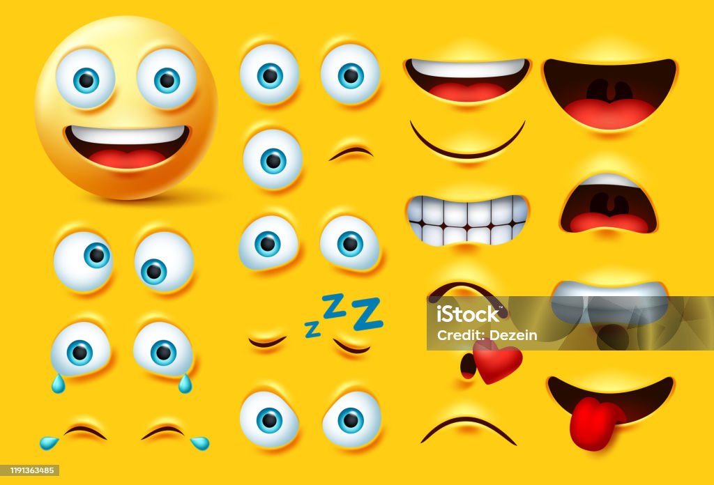 Smileys uttryckssymbol karaktär skapande vektor set. Smiley emoji Face kit ögon och mun i arg, galen, gråt, stygg, Kyssar och skrattar. - Royaltyfri Le vektorgrafik