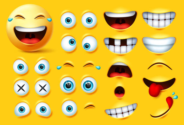 smiley emoji-erstellung-kit-vektor-set. smileys emoticons und emojis gesicht kit augen und mund in überraschung, aufgeregt, hungrig, und lustige gefühle. - mund stock-grafiken, -clipart, -cartoons und -symbole
