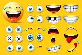 Smiley emoji creation kit vector set. Smileys emoticons and emojis face kit eyes and mouth in surprise, excited, hungry, and funny feelings.