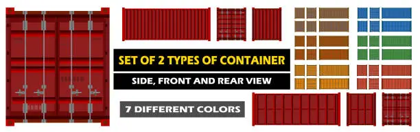 Vector illustration of Cargo Container. Vector. Set. Logistics delivery container. Isolated object. Red, blue, yellow, green, brown. Back, front and side. Shipment delivery service. Container for trucks, ships and aircraft.