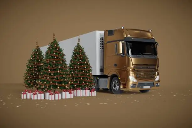Golden truck with christmas trees