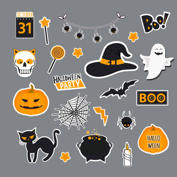 istock Vector illustration of set of Halloween element with pumpkin, skeleton, pot of potion, ghosts and bats. 1191373932