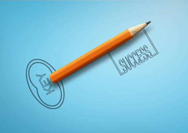 Key to success concept, drawn key with pencil on blue