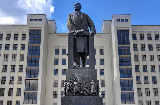 Monument to Lenin in front of the Parliament building on Independence square in Minsk, Belarus.