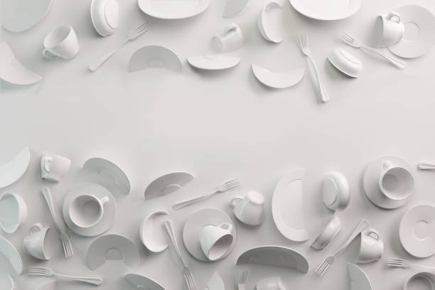 istock White Food background concept for design menu restaurant or cafe. Copy space for your logo. Food flyer. Ceramic Plates and Dishes. White coffee mugs and saucers on a white background. 3d render 1191379476