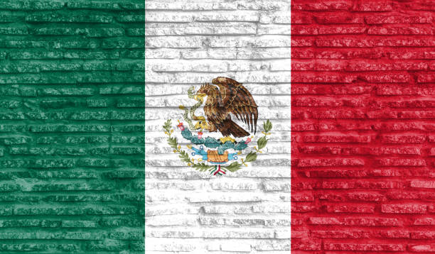bandiera nazionale dipinta colorata del messico su un vecchio muro di mattoni. illustrazione. - flag mexican flag mexico textured foto e immagini stock