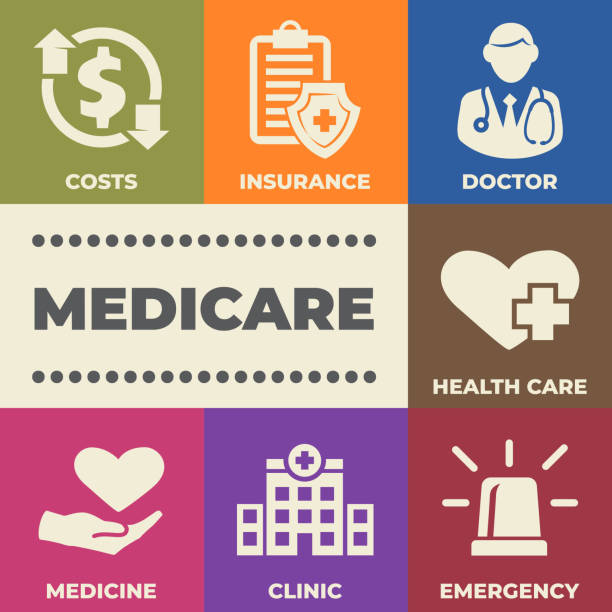 illustrazioni stock, clip art, cartoni animati e icone di tendenza di medicare concept con icone e insegne - moving up healthcare and medicine symbol illness