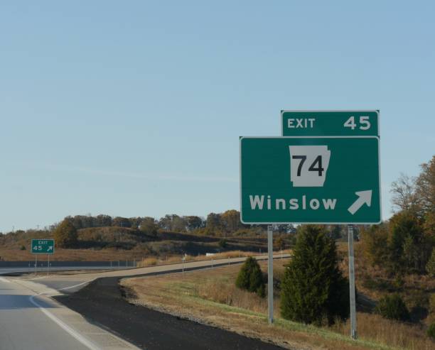 istock Roadside signs and directions for exit to Winslow at Interstate 49, Arkansas. 1191381684