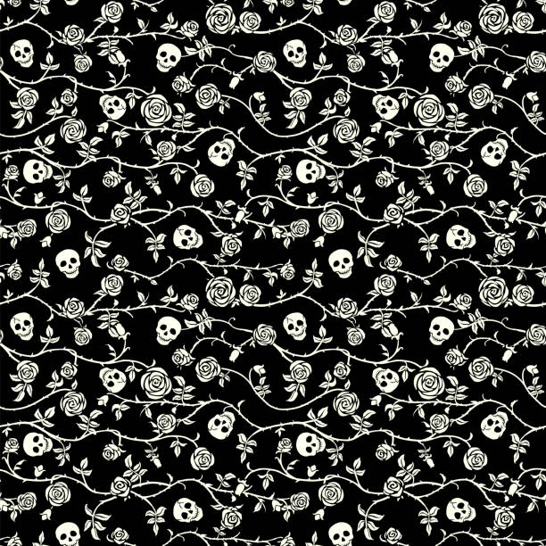 Skull floral seamless pattern. Climbing curly rose and thorn. Fabric black and white flower background, vector. Gothic, Day of Dead, halloween holiday. Dia de muertos texture. Cute funny death's head skull patterns stock illustrations